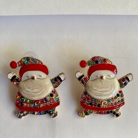Santa Holiday Rhinestone Pierced Enamel Earrings - Picture 5 of 8